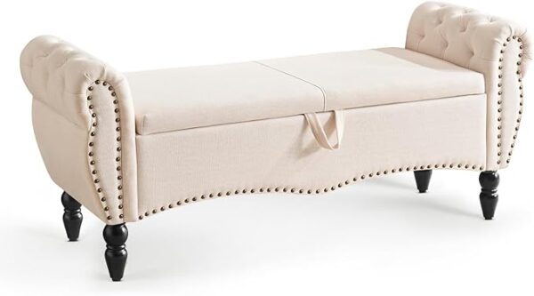 Modern storage bench with cushioned seat and hidden compartment.