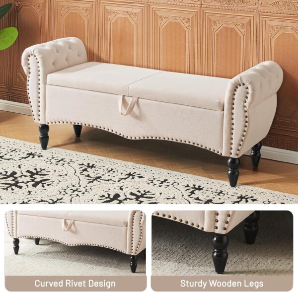 Durable wooden modern storage bench with padded top.