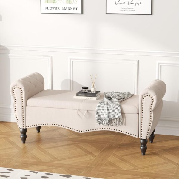 Elegant storage bench with cushioned seating for living room.