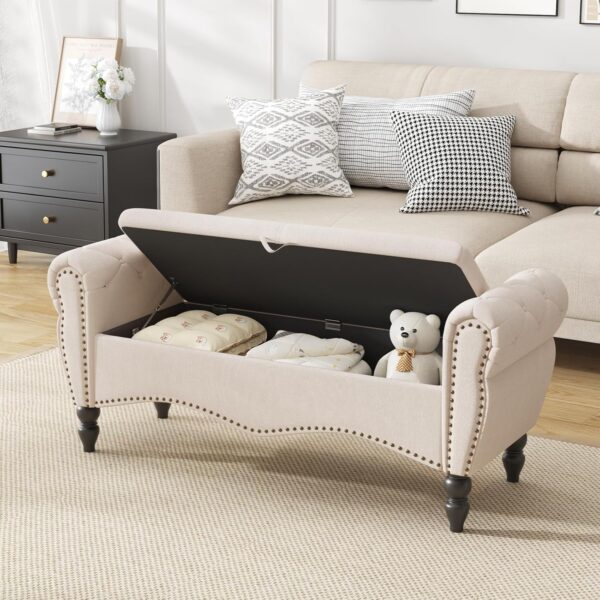 Contemporary storage bench with sleek design and hidden storage.