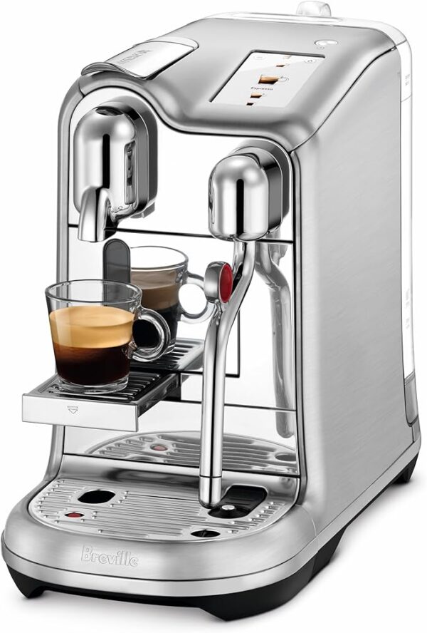 Premium stainless steel espresso machine with milk frother for home use.
