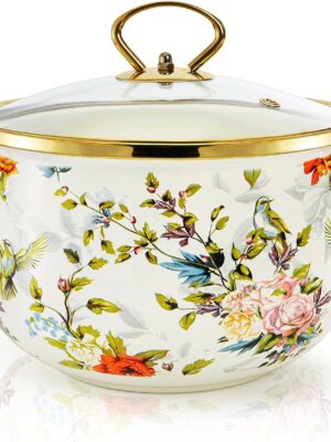 Modern enamel cooking pot with quart capacity, designed for even heat distribution and versatile kitchen use.