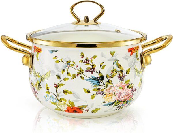 Modern enamel cooking pot with quart capacity, designed for even heat distribution and versatile kitchen use.
