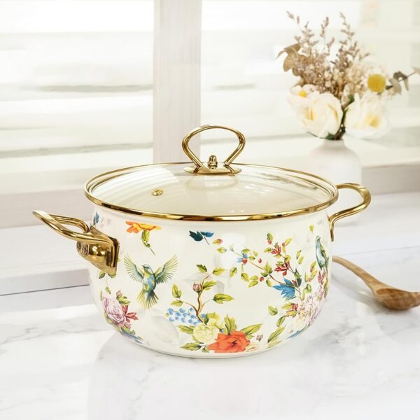 Elegant enamel cooking pot with glossy surface, designed for cooking and multi-purpose kitchen tasks.
