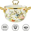 Light yellow quart enamel cooking pot with polished finish and matching lid, ideal for family meals and soups.