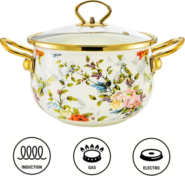 Light yellow quart enamel cooking pot with polished finish and matching lid, ideal for family meals and soups.