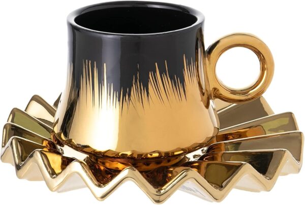 Elegant modern ceramic cup with matching saucer in minimalist design.