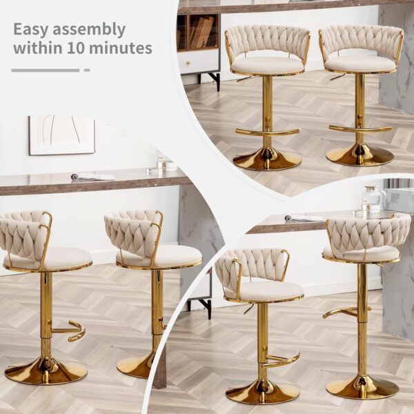 Elegant gold metal frame counter stools with upholstered seat.