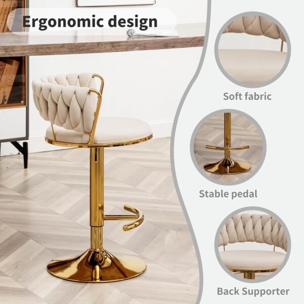 Luxury velvet upholstered gold base bar stools designed for modern kitchens.