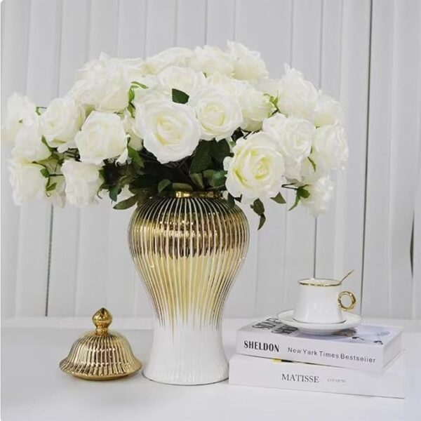 Modern ceramic jar vase with white finish and gold ribbing