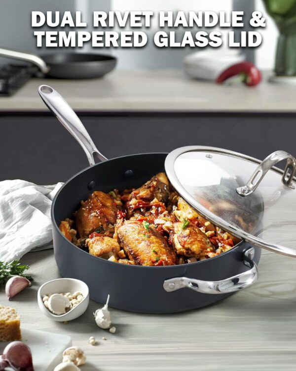 Healthy low-oil cooking with nonstick sauté pan and lid.