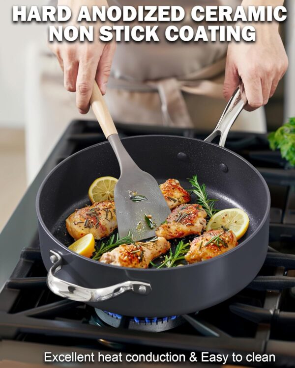Black nonstick sauté pan with glass lid – induction compatible.