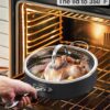 Versatile nonstick saute pan with lid for searing, sauteing, and simmering.