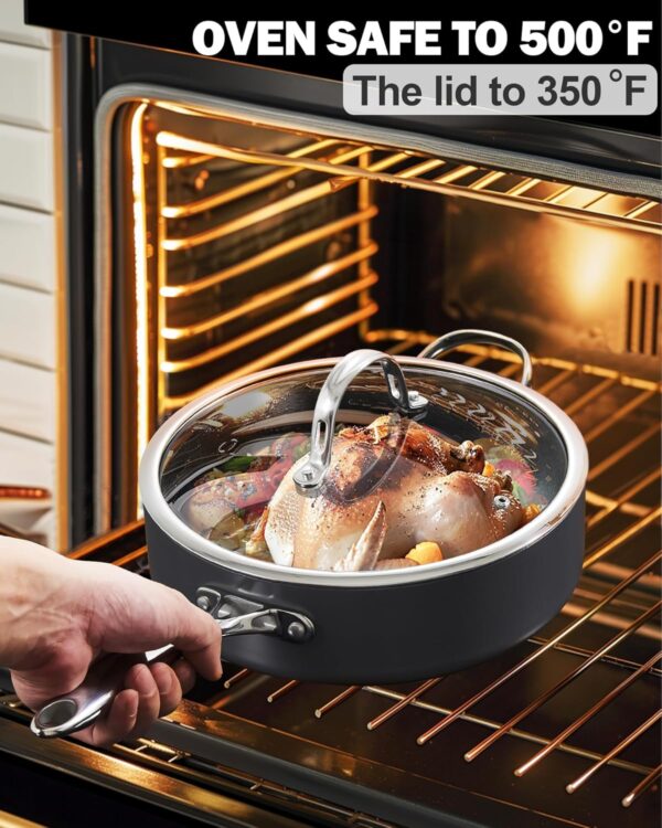 Versatile nonstick saute pan with lid for searing, sauteing, and simmering.