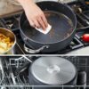 Easy-to-clean nonstick sauté pan with heat-resistant handle and lid.