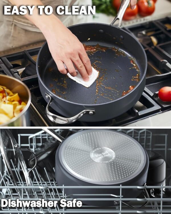 Easy-to-clean nonstick sauté pan with heat-resistant handle and lid.