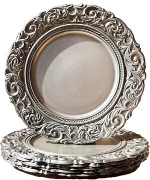 Grace antique silver plates with embossed rim, perfect for elegant dining and luxury decor.