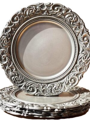Grace antique silver plates with embossed rim, perfect for elegant dining and luxury decor.