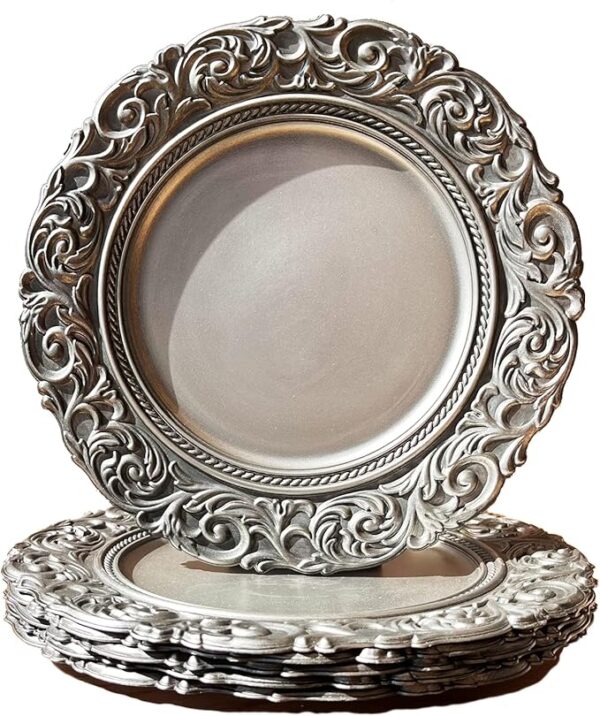 Grace antique silver plates with embossed rim, perfect for elegant dining and luxury decor.