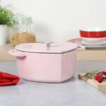 PinkFlame Dutch Oven – enamel-coated cast iron pot with moisture-locking lid.