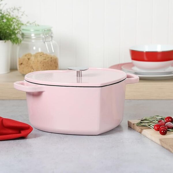 PinkFlame Dutch Oven – enamel-coated cast iron pot with moisture-locking lid.