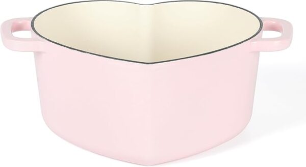 Glossy pink enamel Dutch oven with superior heat retention.