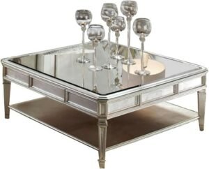 Modern square living room table with mirror top and glossy finish