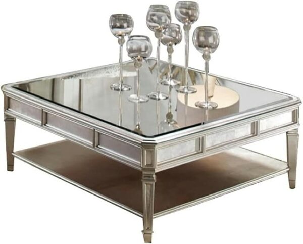 Modern square living room table with mirror top and glossy finish