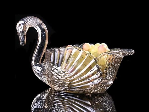 Modern glass swan bowl for fruits, dry fruits, chocolates, and decorative display.
