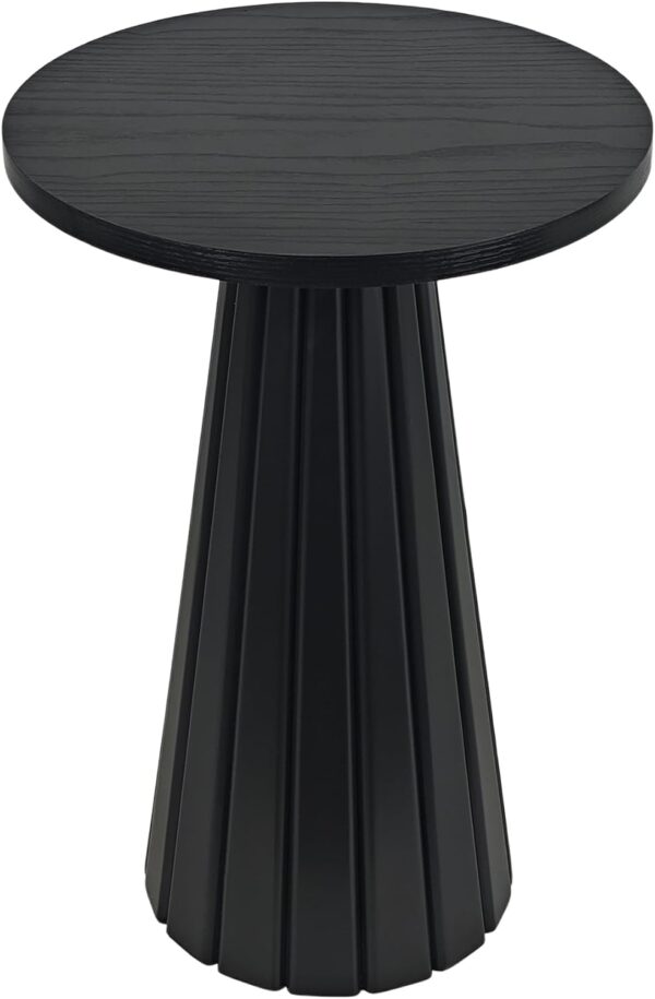 Modern small pedestal side table with fluted base and textured black finish, perfect for living room or bedroom decor.