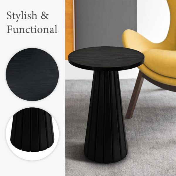 Elegant round pedestal side table with tapered base, adding sophistication to modern interiors.