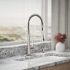 Single handle kitchen faucet with pull-down spray function.