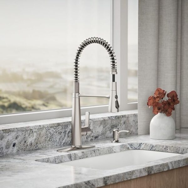 Single handle kitchen faucet with pull-down spray function.