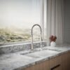 Water-saving pull-down sprayhead faucet for contemporary kitchens.