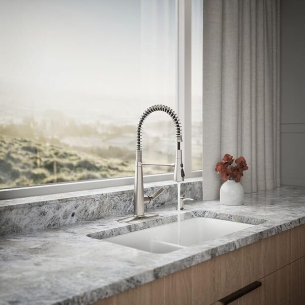 Water-saving pull-down sprayhead faucet for contemporary kitchens.