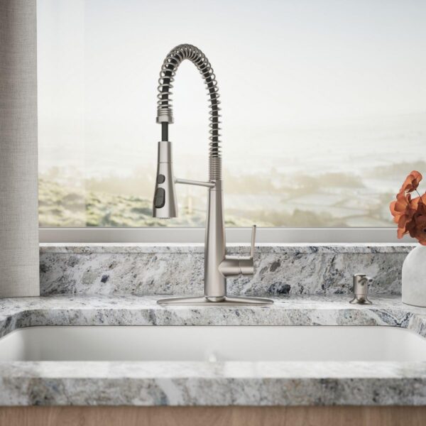 High-arc stainless steel kitchen faucet with flexible sprayhead.