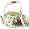 Elegant enamel tea kettle for tea and coffee brewing.