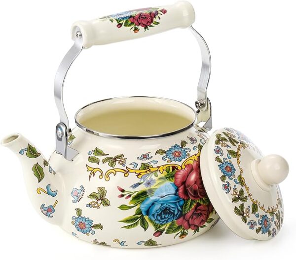 Elegant enamel tea kettle for tea and coffee brewing.