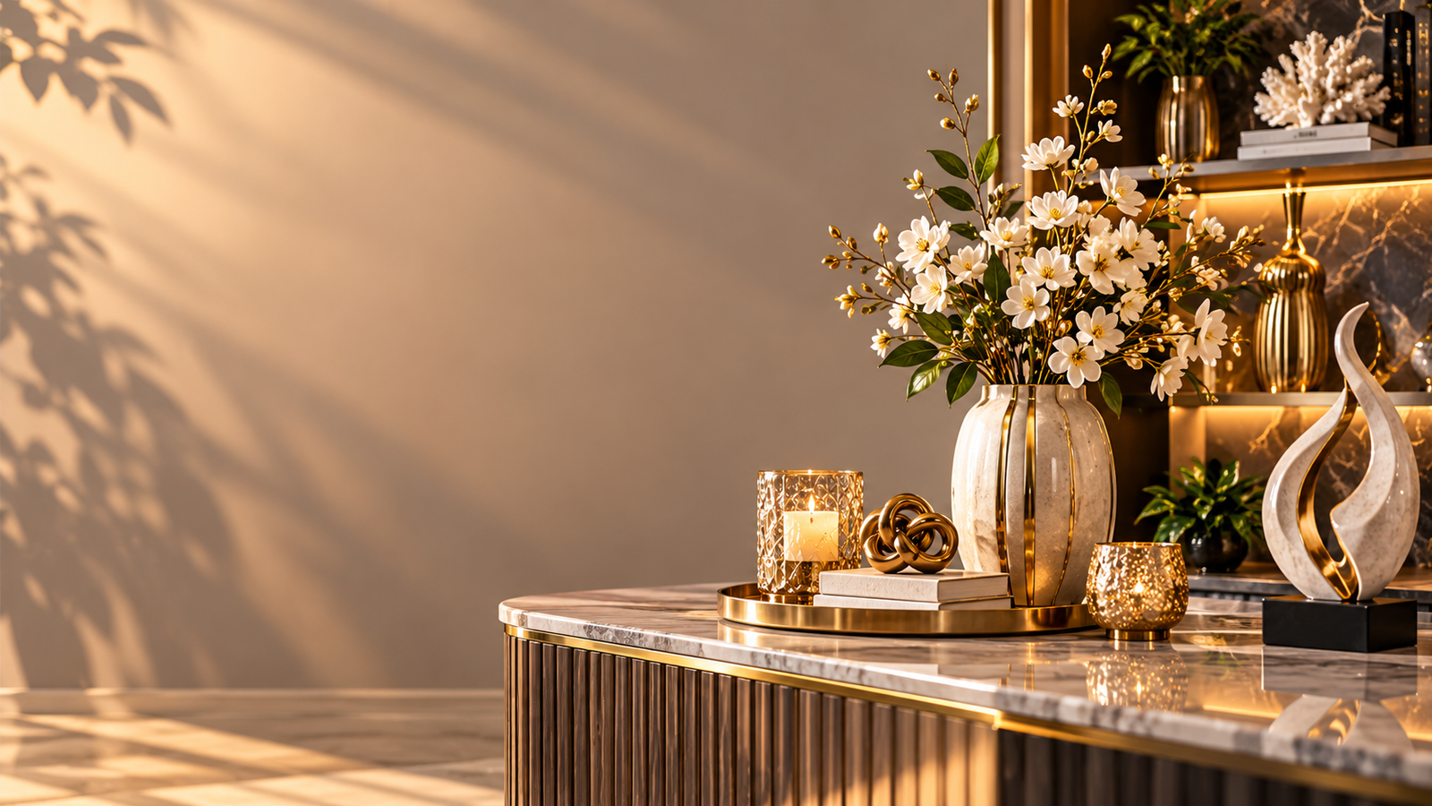 Elegant luxury home decor featuring a marble console table, white floral vase, golden decorative accents, modern sculptures, and warm ambient lighting.
