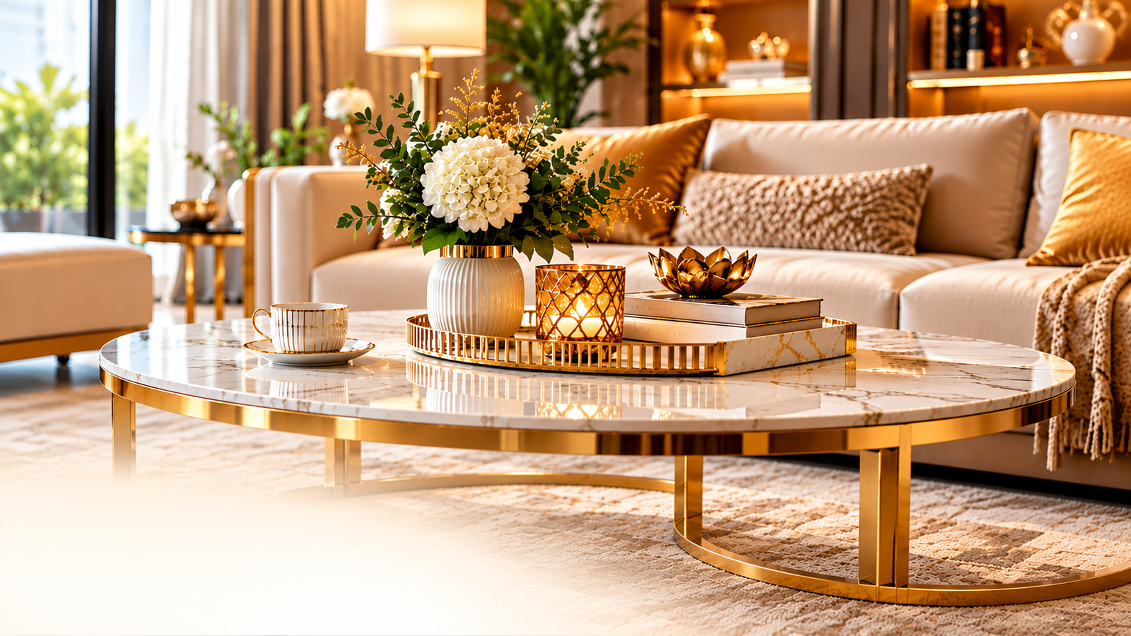 Luxury marble coffee table with elegant gold accents, premium floral centerpiece and decorative accessories in a modern luxury living room.