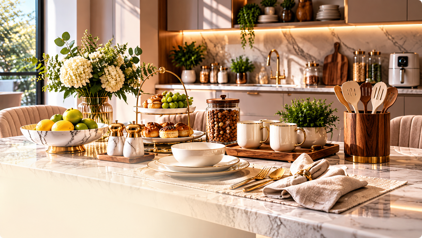 Luxury Kitchen & Dining Collection featuring elegant gold-accented dinnerware, ceramic mugs, wooden utensils, marble dining table and modern kitchen accessories.