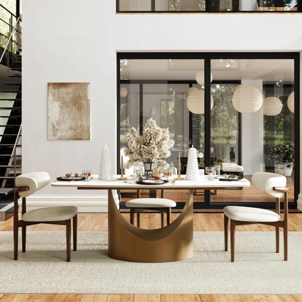 Matte white sintered stone tabletop on a modern dining table