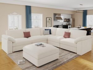 Luxury cloud sectional modular sofa with deep seating in a modern living room.