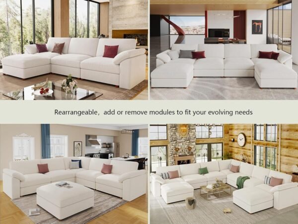Comfortable cloud sectional modular sofa arranged in a cozy family room.
