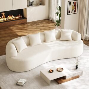 Modern Curved Couch oversized 4 seater cream white chenille sofa